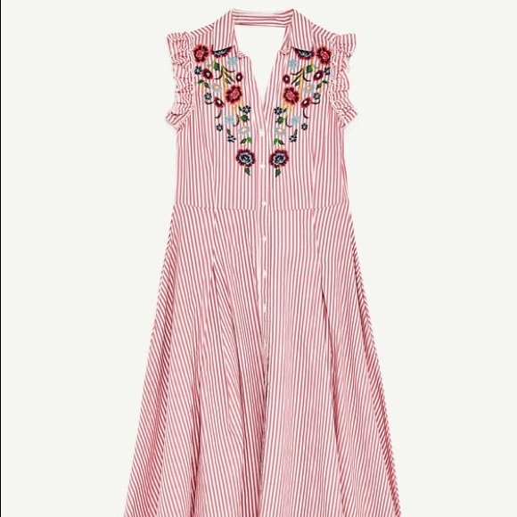 NWT Zara Striped Floral Embroidered Shirt Dress - Picture 5 of 5
